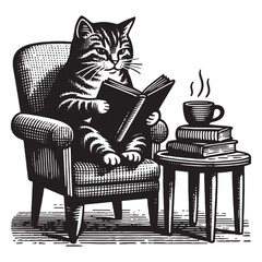 Poster - A cute tabby cat sits in a cozy chair and reads a book. Vintage engraving illustration, emblem, isolated object, print