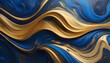 Swirling golden and blue. Acrylic Fluid Art. Dark blue waves in abstract ocean and golden foamy waves. Marble effect background or texture. Spectacular abstract glistening golden solid liquid waves 3D