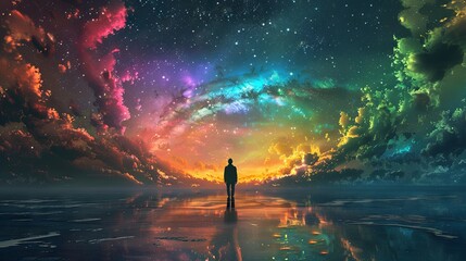 Wall Mural - man under a vibrant cosmic galaxy sky