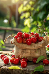 Wall Mural - a bag of cherries on a wooden table