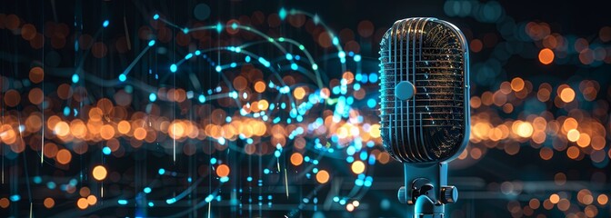 Vintage microphone with colorful bokeh lights background
