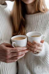 Wall Mural - man and woman close-up holding coffee in white cups