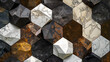 Abstract setting with vivid geometric forms. including hexagons and pentagons in browns