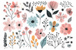 Compilation of doodled floral elements, showcasing an array of scribble-inspired flowers and abstract designs, spring vibe, cherry blossoms, spring leaves,