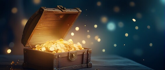 Wall Mural - Open treasure chest with gold coins on table against black background