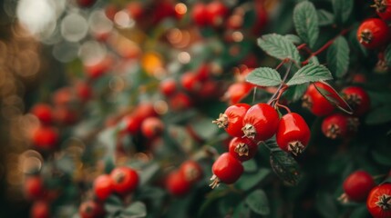 Poster - Close-up of cluster red berries bush green leaves