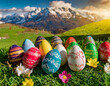 a collection of painted easter eggs celebrating a happy easter on a spring day