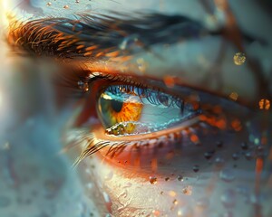 Bring to life the intricate details of a crystal-clear tear rolling down the eye of a character in a digital photorealistic rendering, mirroring the vulnerable emotions in a moment frozen in time, cre