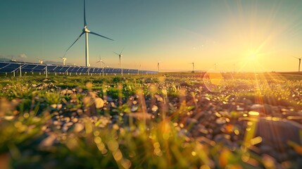 An open field under a clear blue sky features an array of photovoltaic panels with silhouetted wind turbines against the radiant sun in the background.