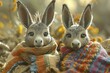 Adorable miniature donkeys relax in a sunlit field, draped in vibrant Mexican blankets, captured in a minimalist front portrait.