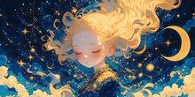 A Cute Little Girl Sleeping On Her Back, Surrounded By Clouds And Stars In The Sky. She Has Light Brown Hair With Slightly Curly Curls. 