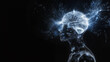 X-ray image of the brain with outgoing neural connections into a translucent silhouette of a person filled with small glowing stars