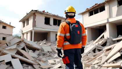 a rescuer in hard hat and vest standing in front of a large pile of rubble at earthquake