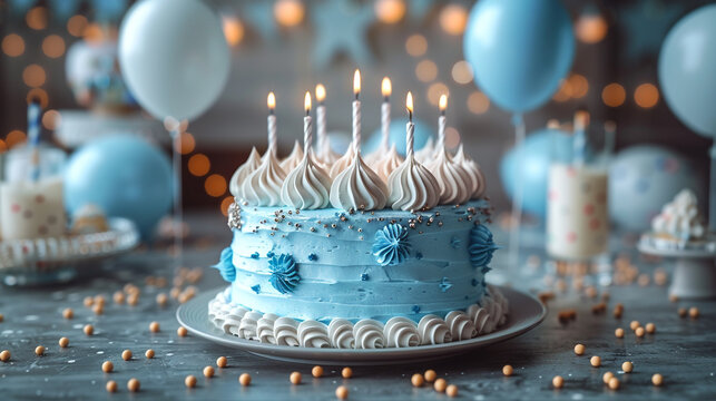 a simple birthday cake with a blue color background. You can include candles and white and blue color balloons on the cake.