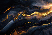 A Dark Blue And Gold Abstract Background With Swirling Patterns Of Black Marble, With Streaks Of Bright Yellow Glittering Like Stars Across The Surface. Created With Ai