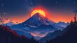 Majestic mountain at sunset with vibrant night sky and starry backdrop