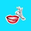 Woman's mouth with red lips showing tongue with female hand showing the ok gesture isolated on blue color background. 3d trendy creative collage in magazine style. Contemporary art. Modern design