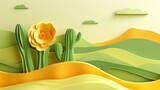 Fototapeta Perspektywa 3d - A layered papercut illustration of a blooming cactus flower in a desert landscape, showcasing resilience and beauty, crafted from green and yellow recycled paper. 