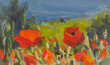 Poppies oil painting. A beautiful illustration of a poppy field against the background of a blue sea. Hand-drawn. Modern realistic painting . Horizontal art banner,layout for postcards, website design