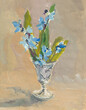 Snowdrops blue vase gouache painting. A beautiful delicate spring bouquet. Handmade postcard. The concept of the onset of spring, Mother's Day, and Women's International Day. Layout for graphic design