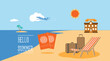 Summer banner. Holidays on the sea beach. Landscape with beach,  sky, sun, clouds, airplane, hotel and sea.  Vacation travel and summer holidays illustration. Vector