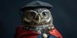 Majestic owl in top hat and red cape with piercing yellow eyes on black background