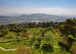 View from the Mount Tabor to the Jezreel Valley. Mount Tabor is located in Lower Galilee, Israel. Fertile valley with forest, fields and irrigation in Israel.