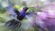 Purple and black hummingbird flies amid purple flowers
