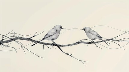 A minimalist line art illustration of two birds perched on a branch, their beaks touching in a loving gesture.