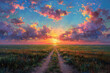 A beautiful oil painting of the Russian steppe at sunset, with dirt roads and green grass, blue sky with clouds. Created with AI