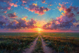 Fototapeta  - A beautiful oil painting of the Russian steppe at sunset, with dirt roads and green grass, blue sky with clouds. Created with AI