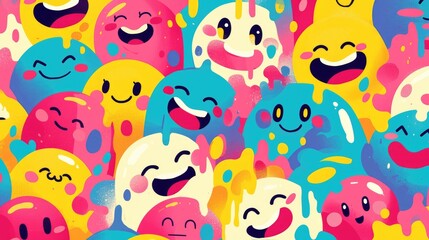 Poster - Vibrant and cheerful this playful pattern features a whimsical smiling face melting into a colorful cartoon backdrop evoking a retro psychedelic vibe reminiscent of smiley face icon