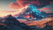 A snow-capped mountain at sunset with a pink sky and clouds