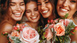 smiling women at a wedding with bouquets of flowers