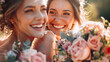 smiling women at a wedding with bouquets of flowers