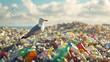 A photorealistic close-up of a landfill overflowing with colorful plastic waste, with a single seabird perched on top, pecking at a plastic bottle. 