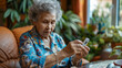 An elderly woman tests her sugar level with a glucometer 
