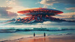 A painting of a flying saucer hovering over a beach