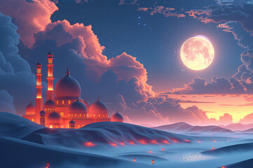 Wall Mural - Beautiful mosque silhouette with crescent moon in the sky at sunset, vibrant colors, high resolution, illustration style. Created with Ai