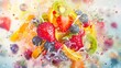 A vibrant watercolor splash capturing the essence of a delicious fruit salad overflowing with color and texture.