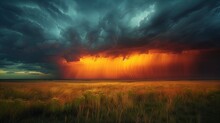 Powerful Storm Sweeps Across Vast Field, The Dark Clouds Swirling Above As The Wind Bends Grasses
