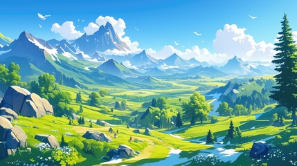 Wall Mural - Illustration of a stunning summer landscape featuring majestic mountains lush green hills rocky terrain dense forests vibrant grasslands the warm sun shining in a clear sky dotted with fluf