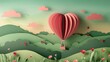 A whimsical papercut illustration of a hot air balloon shaped like a heart, floating over a landscape of rolling hills and blooming flowers, crafted from red, pink, and green paper.