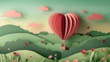Fototapeta Perspektywa 3d - A whimsical papercut illustration of a hot air balloon shaped like a heart, floating over a landscape of rolling hills and blooming flowers, crafted from red, pink, and green paper.