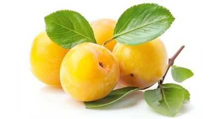 Wall Mural - Three yellow apricots with leaves on white surface