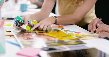 Poster - Woman, office and closeup or magazine publisher with business strategy, color swatch for work at desk. Female entrepreneur or planning with hands for job with coworker, collaboration with tablet