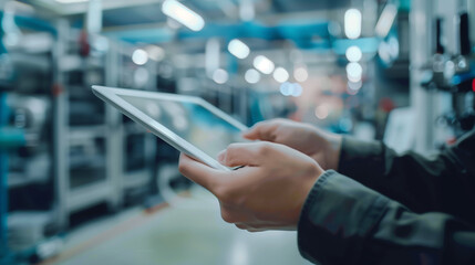 Wall Mural - a person is holding a tablet in a factory setting. the tablet is displaying a blue screen with a few