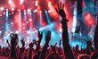 © CFK - Crowd of people dancing at concert, music party, show, night club with stage lights. Hands on air