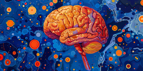 Wall Mural - Human brain on a bright blue background, concept of neurodiversity and mental problems, banner