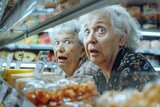 Fototapeta  - an old woman is surprised by the high prices in the store. old age. pension. spend money.